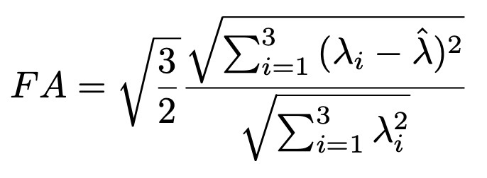FA is the Euclidean distance of the eigenvalue vector from the vector of the mean of the eigenvalues, divided by the square root of the sum of the squares of the eigenvalues, multiplied by the square root of three-halves.
